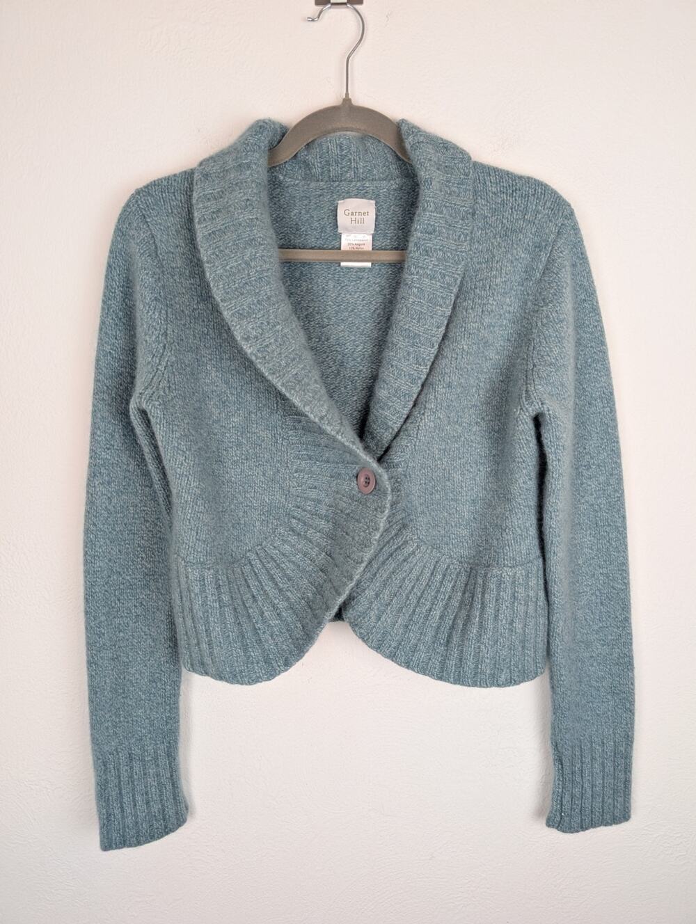 Garnet Hill Cardigan Sweater Lambswool Angora Knit Spring Winter Blue Size S